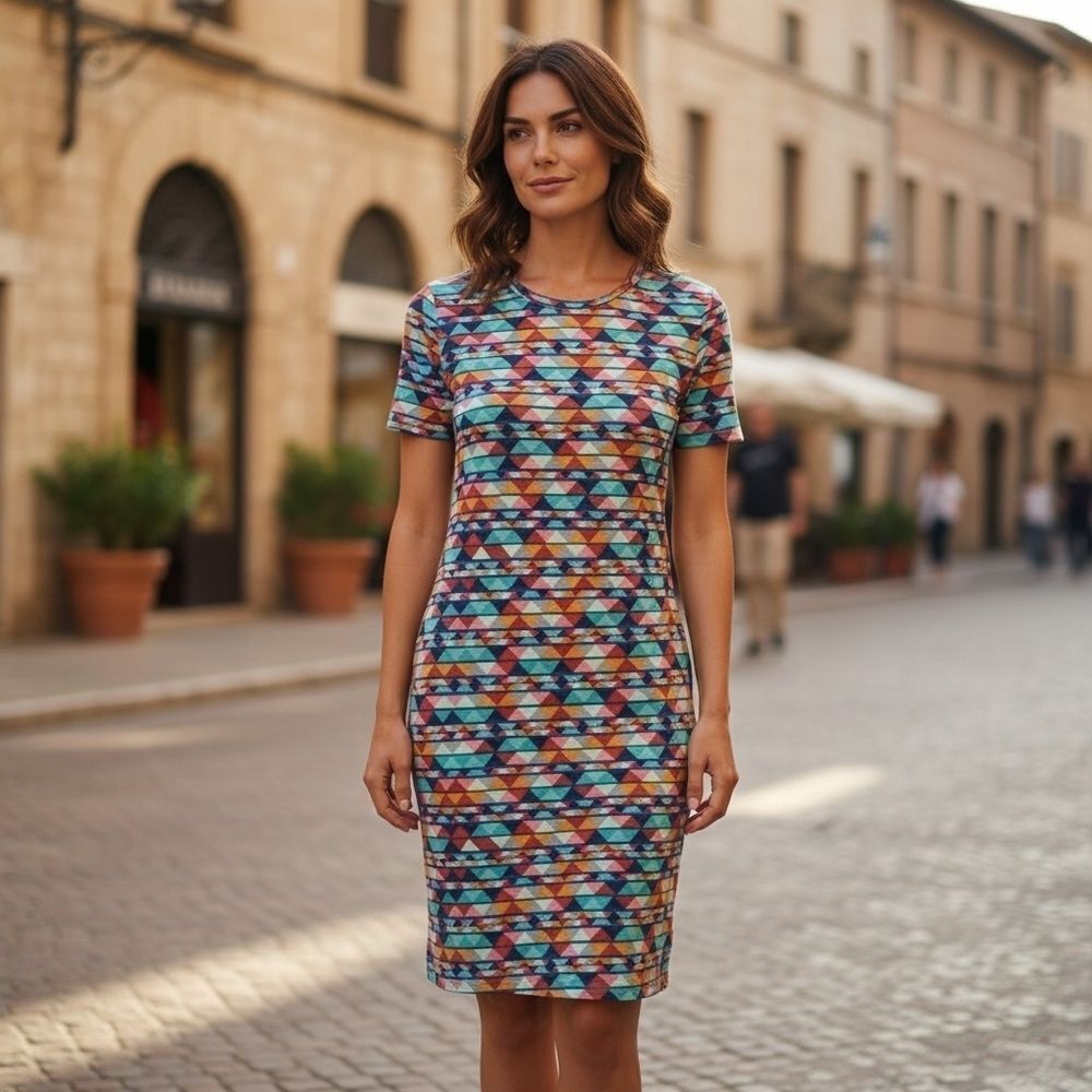 LuLaRoe Julia Geometric Tribal Bodycon T-Shirt Dress Stretch Knee Length XS 2/4